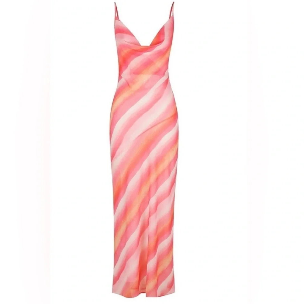Charlie Holiday Stone Slip Maxi Dress Pink Watercolour Stripe Size 8